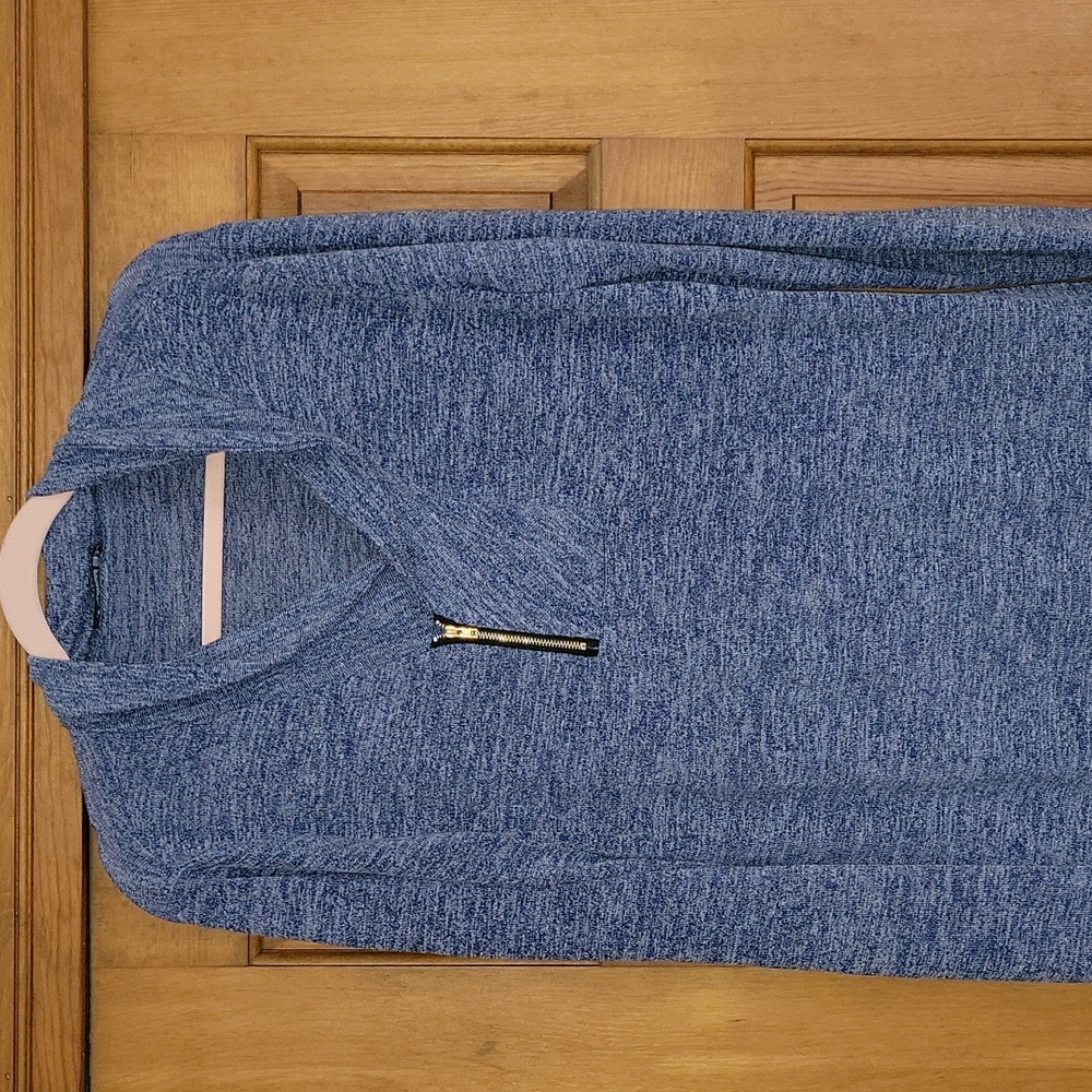 Lightweight sweater/knit with draped neckline & zipper, heathered blue